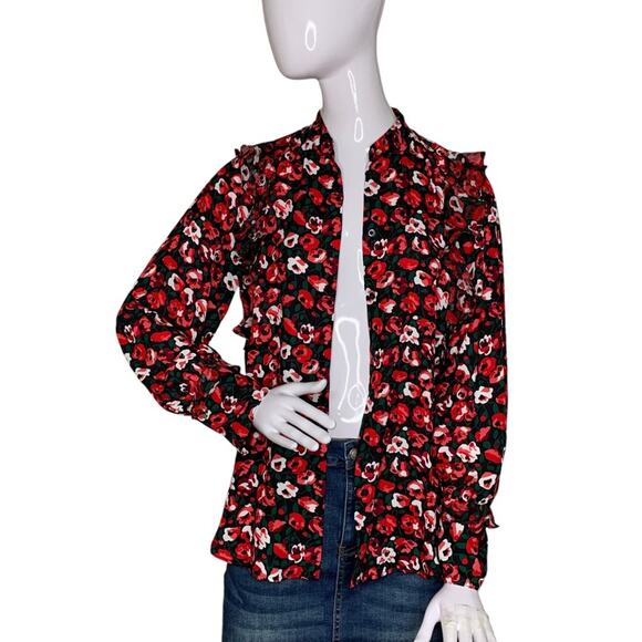 Lauren Ralph Lauren Ruffle Top Roses Print Button Down Long Sleeve Size Petite M - Picture 3 of 12